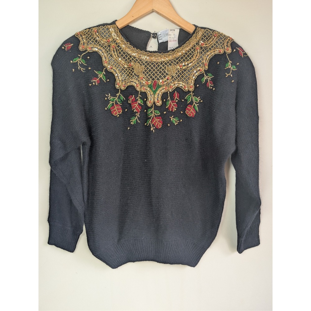 Vintage EMT Black Silk Angora Beaded Sequin Rose Sweater Womens L Holiday 90s - Picture 3 of 8